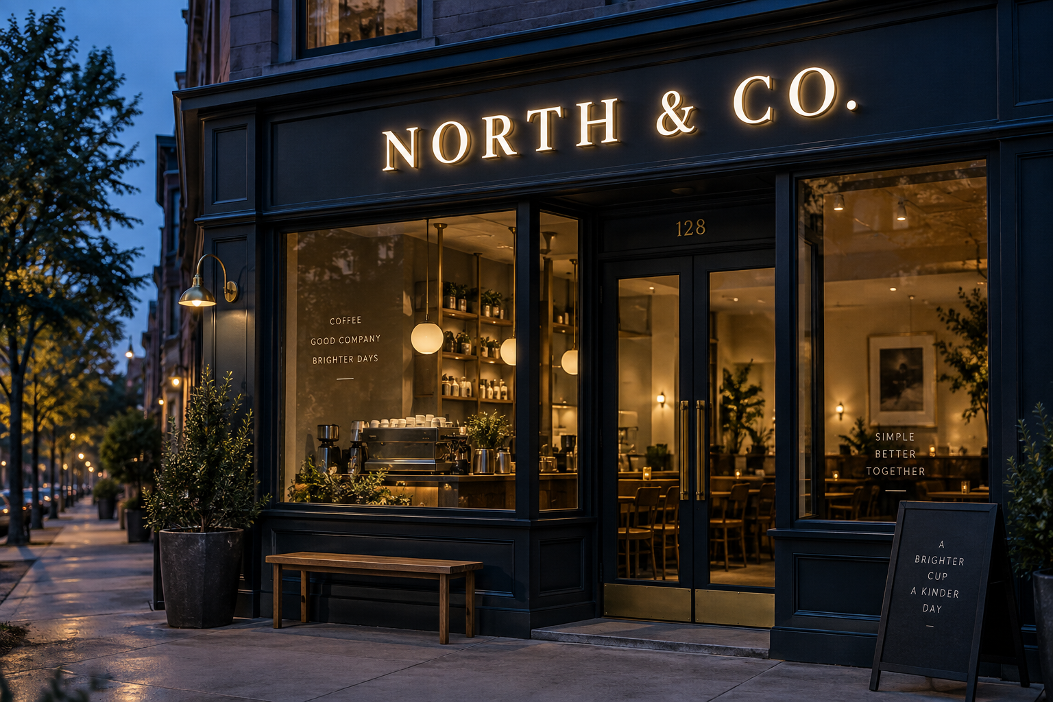 Illustrative coffee shop concept with illuminated dimensional letters on a navy facade